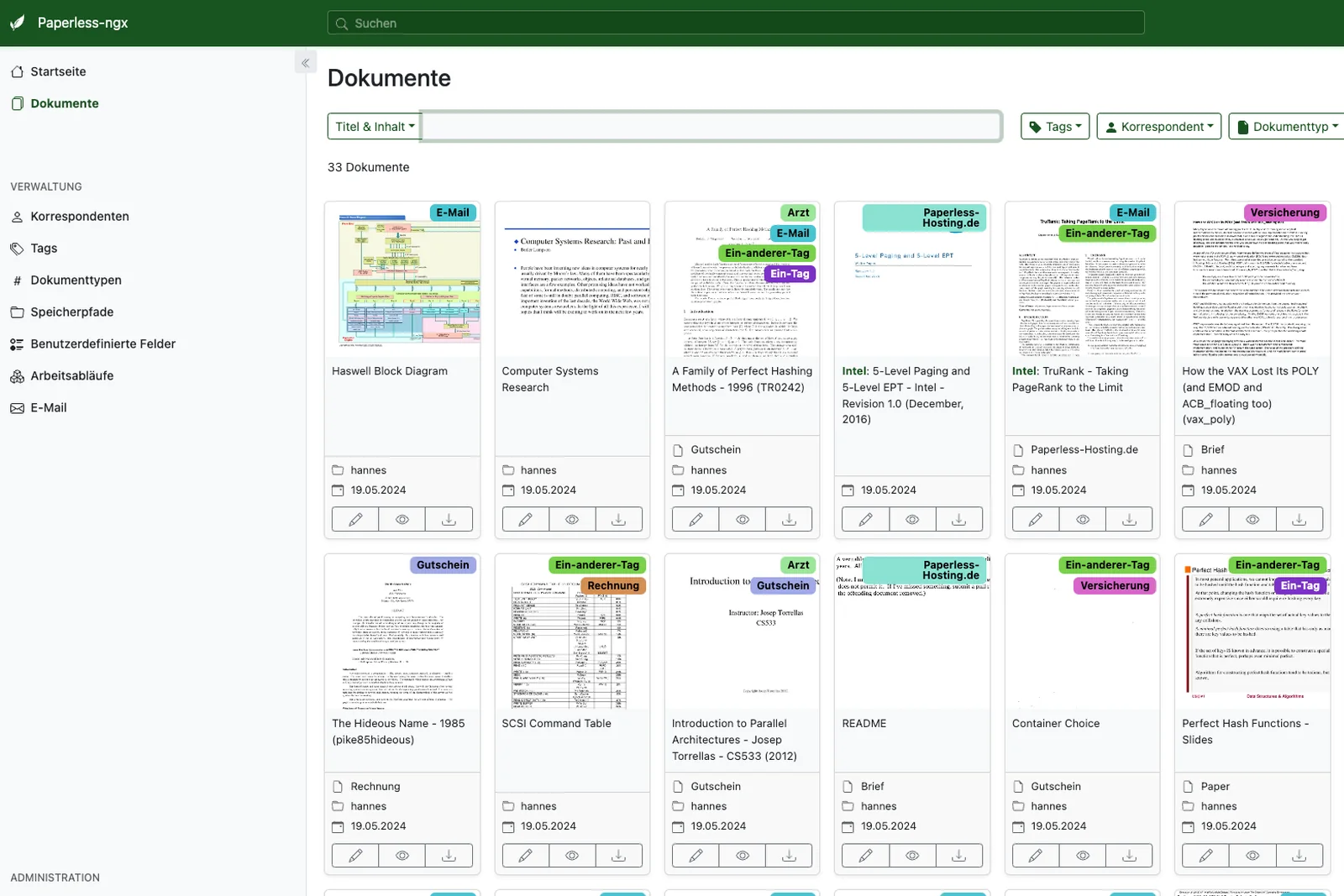 Paperless-ngx-Dokumentenübersicht mit Schlagwörtern, Korrespondenten und Filterleiste